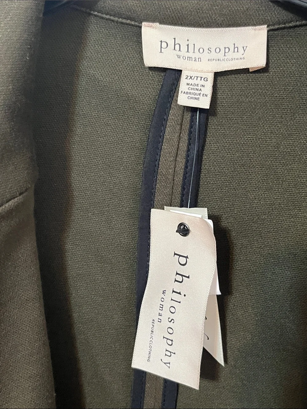 Philosophy Olive Open-Front Blazer Shacket Oversized 2x 💚 Padded Shoulder Pads - Picture 2 of 8